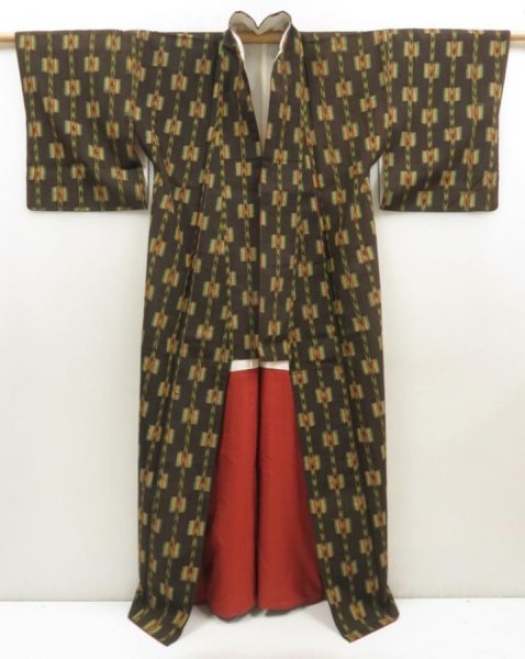 Photo8: 5716T10z840 Vintage Japanese Kimono Silk TSUMUGI  Dark brown (8)