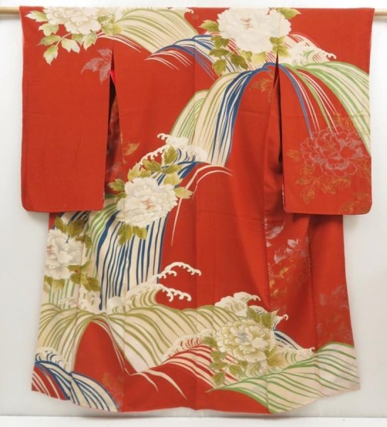 Photo1: 5716T11z760 Antique Japanese Kimono Silk TSUKESAGE Peony Red-Brown (1)