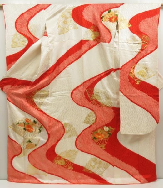 Photo1: 5716T12z1160 Vintage Japanese Kimono Silk FURISODE Folding fan Off-white (1)