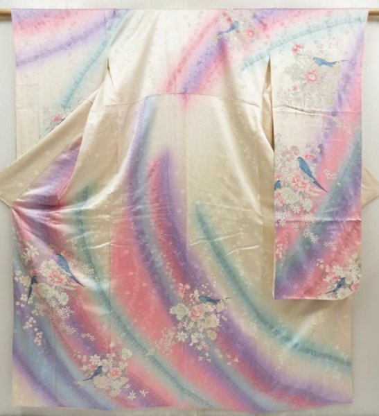 Photo1: 5716T14z1230 Vintage Japanese Kimono Silk FURISODE Flowers Off-white (1)