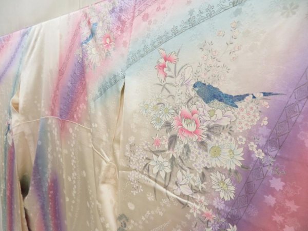 Photo2: 5716T14z1230 Vintage Japanese Kimono Silk FURISODE Flowers Off-white (2)