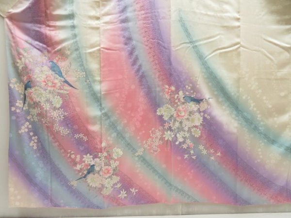 Photo5: 5716T14z1230 Vintage Japanese Kimono Silk FURISODE Flowers Off-white (5)
