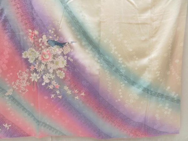 Photo7: 5716T14z1230 Vintage Japanese Kimono Silk FURISODE Flowers Off-white (7)