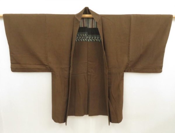 Photo1: 5719T01z670 Vintage Japanese Kimono Silk Men's HAORI  Brown-Gray (1)