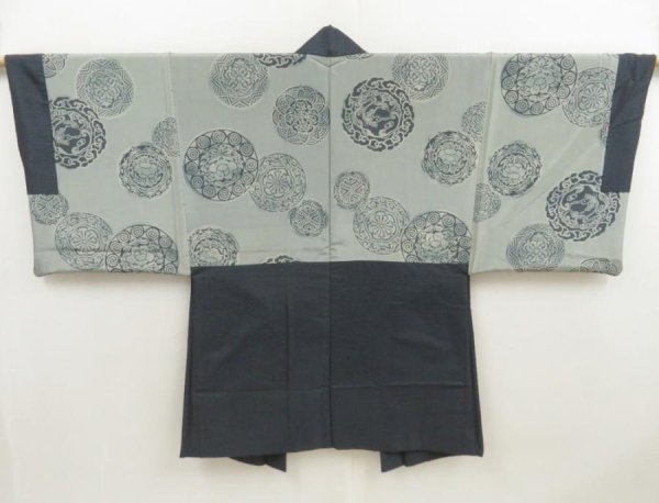 Photo1: 5719T02z510 Vintage Japanese Kimono Silk Men's HAORI Flower Navy-Gray (1)