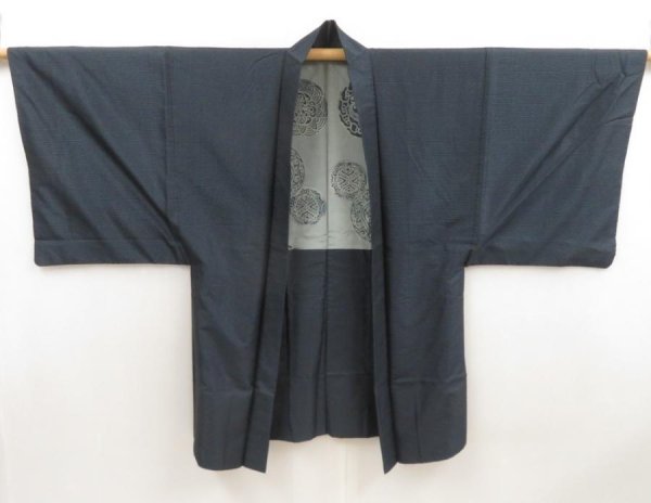Photo4: 5719T02z510 Vintage Japanese Kimono Silk Men's HAORI Flower Navy-Gray (4)