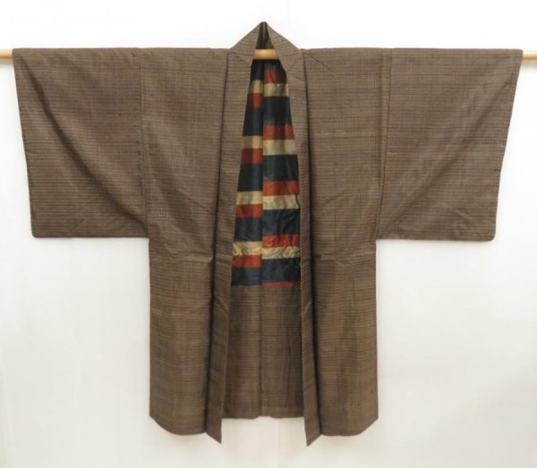 Photo1: 5719T03z450 Vintage Japanese Kimono Silk Men's HAORI  Brown-Gray (1)