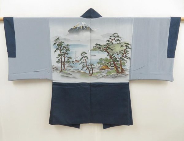 Photo1: 5719T04z600 Vintage Japanese Kimono Silk Men's HAORI Mt.Fuji Dark blue (1)