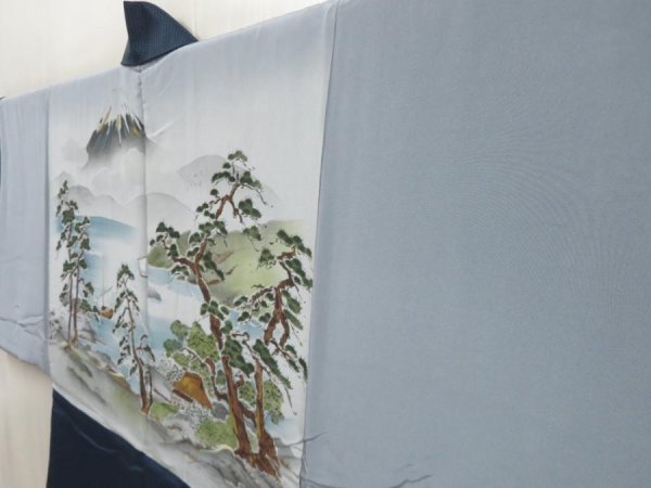 Photo2: 5719T04z600 Vintage Japanese Kimono Silk Men's HAORI Mt.Fuji Dark blue (2)