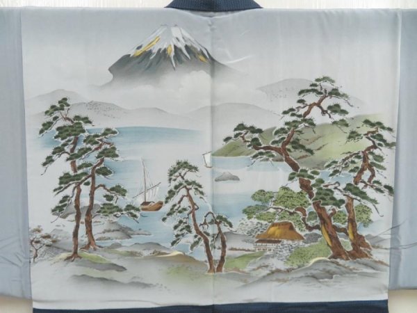 Photo3: 5719T04z600 Vintage Japanese Kimono Silk Men's HAORI Mt.Fuji Dark blue (3)
