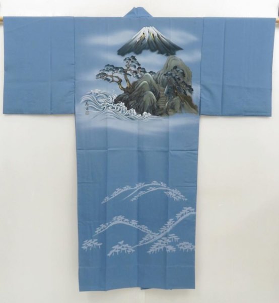 Photo1: 5719T07z340  Japanese Kimono Synthetic Men's JUBAN Mt.Fuji Blue-Gray (1)