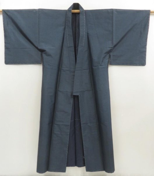 Photo7: 5719T08z780 Vintage Japanese Kimono Silk Men's OSHIMA TSUMUGI  Navy-Gray (7)