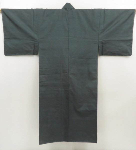Photo1: 5719T09z840 Vintage Japanese Kimono Silk Men's OSHIMA TSUMUGI  Dark cyan (1)