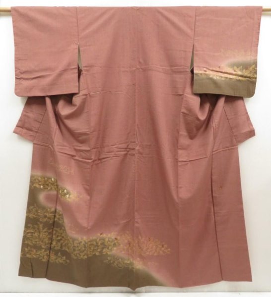 Photo1: 5719T11z860 Vintage Japanese Kimono Silk ARTIST WORK TSUMUGI Rosy brown (1)