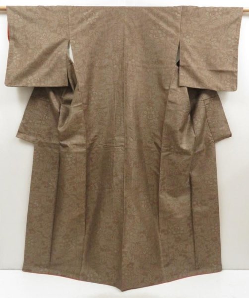 Photo1: 5719T13z770 Vintage Japanese Kimono Silk TSUMUGI Flowers Olive-Brown (1)