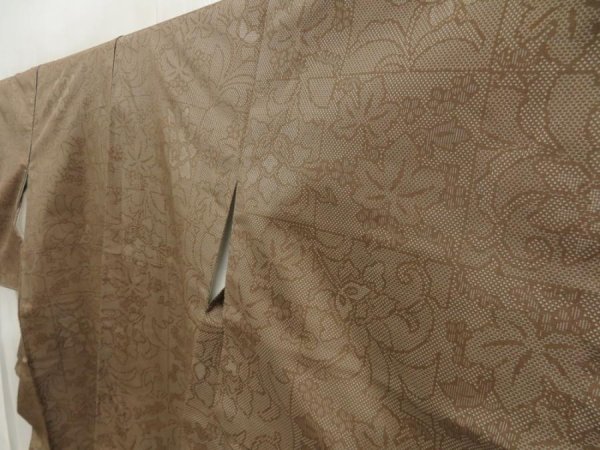 Photo2: 5719T13z770 Vintage Japanese Kimono Silk TSUMUGI Flowers Olive-Brown (2)