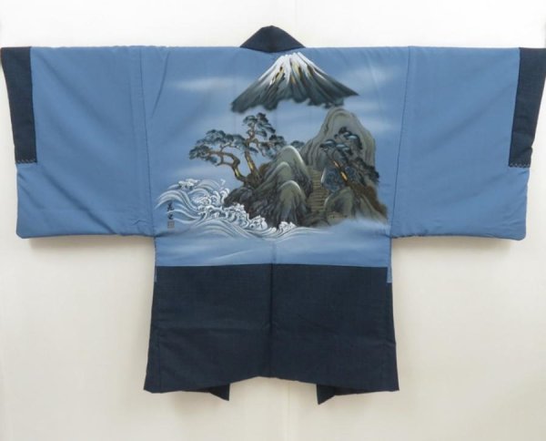 Photo1: 5722T01z870 Vintage Japanese Kimono Wool Men's HAORI Mt.Fuji Blue-Gray (1)
