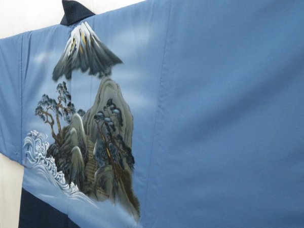 Photo2: 5722T01z870 Vintage Japanese Kimono Wool Men's HAORI Mt.Fuji Blue-Gray (2)