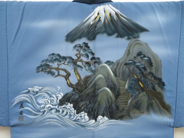 Photo3: 5722T01z870 Vintage Japanese Kimono Wool Men's HAORI Mt.Fuji Blue-Gray (3)