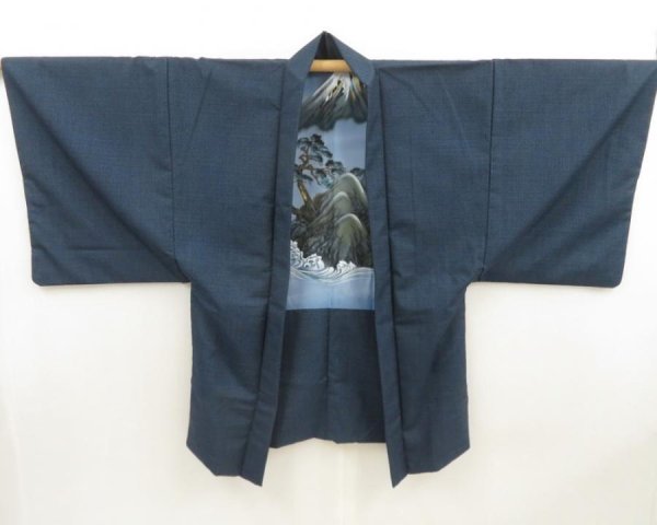 Photo5: 5722T01z870 Vintage Japanese Kimono Wool Men's HAORI Mt.Fuji Blue-Gray (5)
