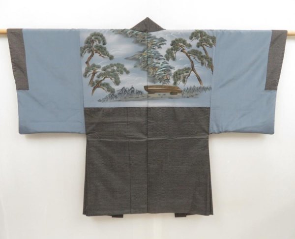 Photo1: 5722T02z500 Vintage Japanese Kimono Silk Men's HAORI Pine Brown-Gray (1)