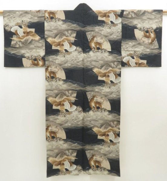 Photo1: 5722T04z510 Vintage Japanese Kimono Muslin Men's JUBAN Hawk Black (1)