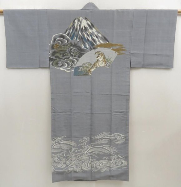 Photo1: 5722T05z470 Vintage Japanese Kimono Silk Men's JUBAN Mt.Fuji Gray (1)