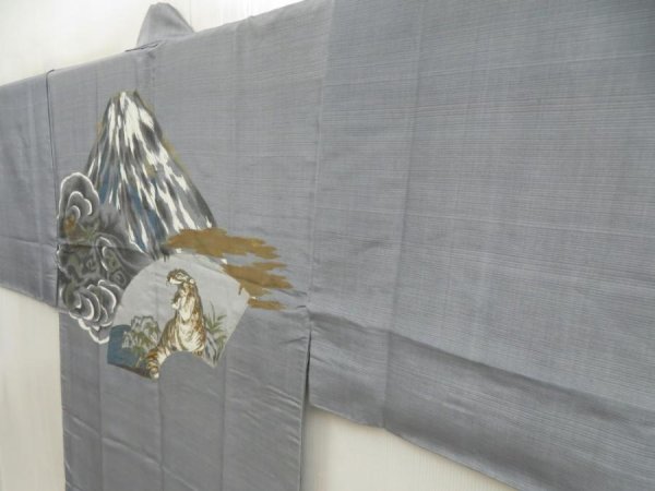 Photo2: 5722T05z470 Vintage Japanese Kimono Silk Men's JUBAN Mt.Fuji Gray (2)