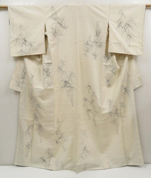 Photo1: 5722T08z800 Vintage Japanese Kimono Silk TSUMUGI Bamboo Off-white (1)