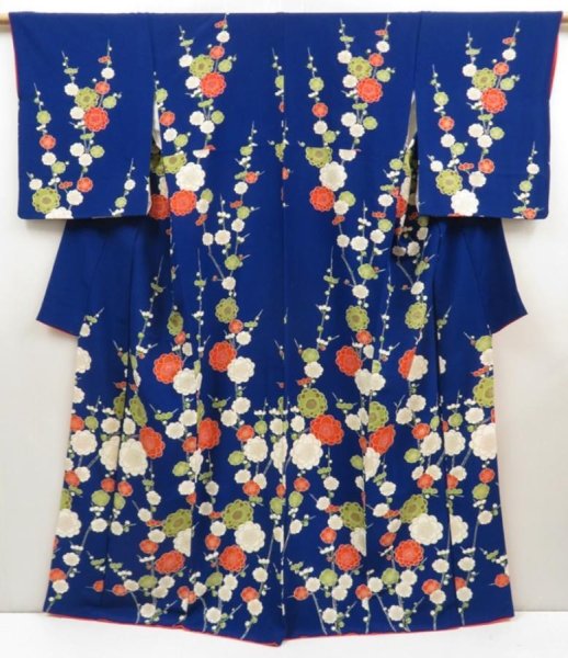 Photo1: 5722T10z920 Vintage Japanese Kimono Silk TSUKESAGE Plum blossom Oriental blue (1)