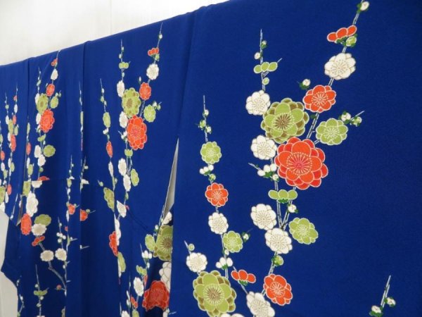 Photo2: 5722T10z920 Vintage Japanese Kimono Silk TSUKESAGE Plum blossom Oriental blue (2)