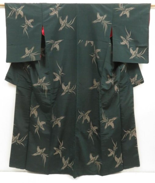 Photo1: 5722T11z870 Vintage Japanese Kimono Silk OMESHI KOMON Bird Dull green (1)