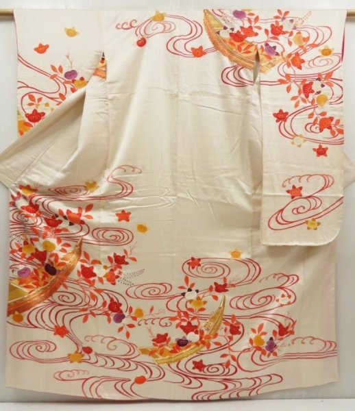 Photo1: 5722T12z1020 Vintage Japanese Kimono Silk FURISODE Boat Off-white (1)