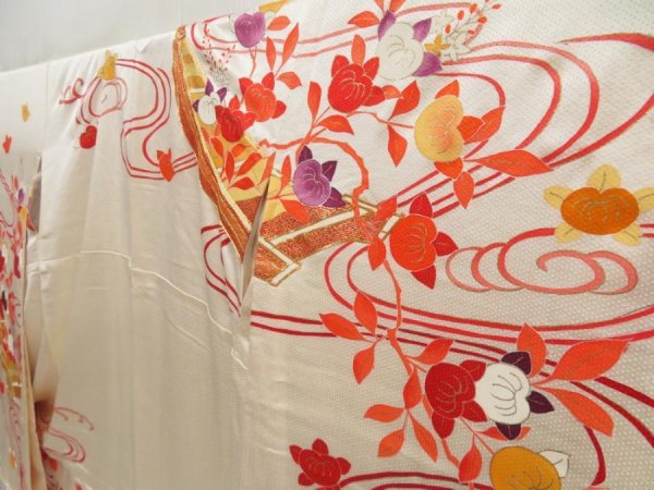 Photo2: 5722T12z1020 Vintage Japanese Kimono Silk FURISODE Boat Off-white (2)