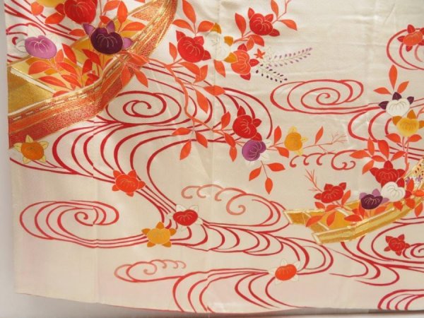 Photo4: 5722T12z1020 Vintage Japanese Kimono Silk FURISODE Boat Off-white (4)