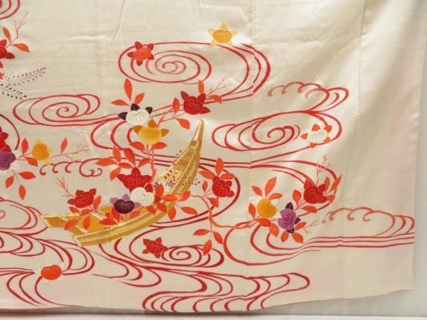 Photo5: 5722T12z1020 Vintage Japanese Kimono Silk FURISODE Boat Off-white (5)