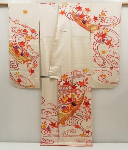 Photo6: 5722T12z1020 Vintage Japanese Kimono Silk FURISODE Boat Off-white (6)