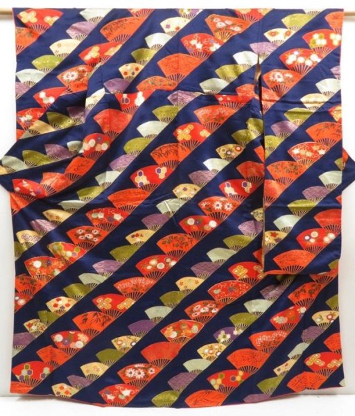 Photo1: 5722T13z1090 Vintage Japanese Kimono Silk FURISODE Folding fan Dark navy (1)