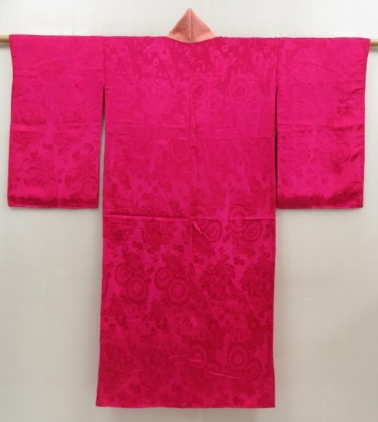 Photo1: 5726T04z350 Antique Japanese Kimono Silk JUBAN Flowers Red-Pink (1)