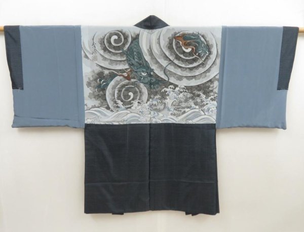 Photo1: 5726T06z470 Vintage Japanese Kimono Silk Men's OSHIMA HAORI Dragon (1)