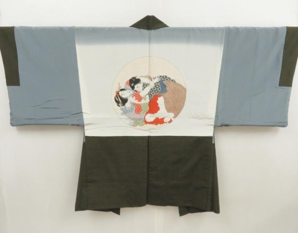 Photo1: 5726T07z670 Vintage Japanese Kimono Silk Men's HAORI 春画 Green-Gray (1)