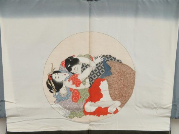 Photo2: 5726T07z670 Vintage Japanese Kimono Silk Men's HAORI 春画 Green-Gray (2)