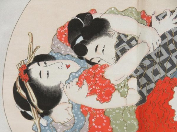 Photo3: 5726T07z670 Vintage Japanese Kimono Silk Men's HAORI 春画 Green-Gray (3)