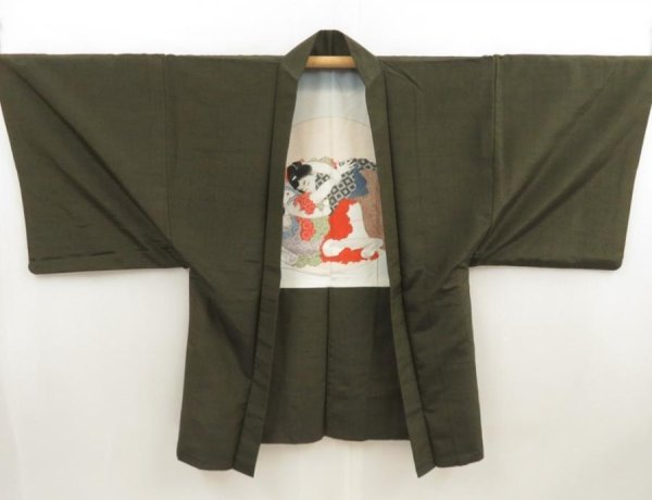 Photo4: 5726T07z670 Vintage Japanese Kimono Silk Men's HAORI 春画 Green-Gray (4)