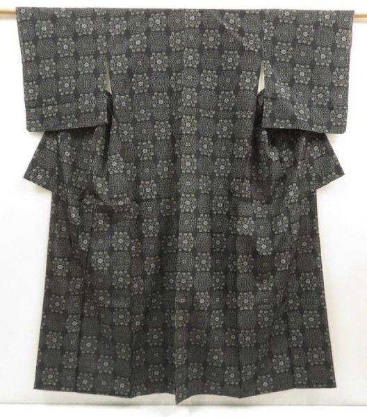 Photo1: 5726T10z670 Vintage Japanese Kimono Silk OSHIMA TSUMUGI Flower Black (1)