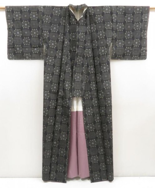 Photo8: 5726T10z670 Vintage Japanese Kimono Silk OSHIMA TSUMUGI Flower Black (8)