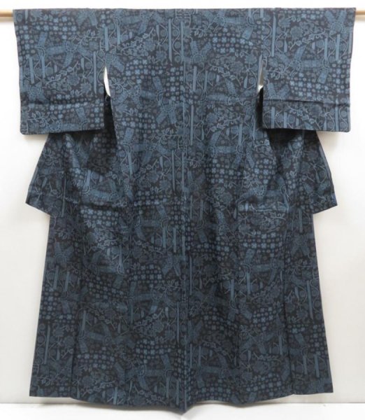 Photo1: 5726T11z710 Vintage Japanese Kimono Silk TSUMUGI Flowers Black, Blue-Gray (1)