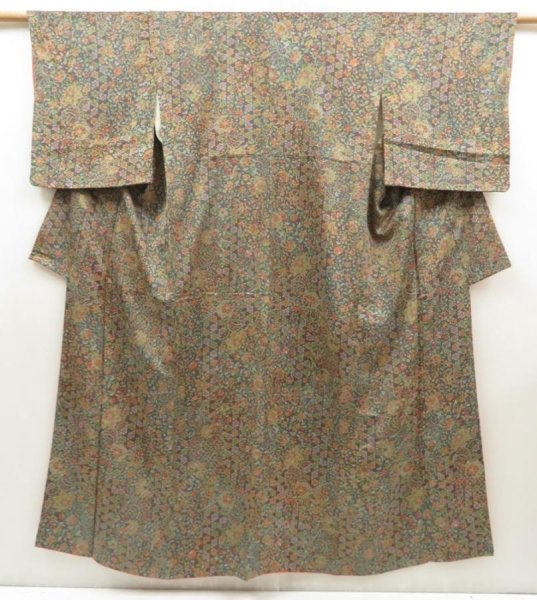 Photo1: 5726T12z930 Vintage Japanese Kimono Silk KOMON Flowers Dark purple-gray (1)