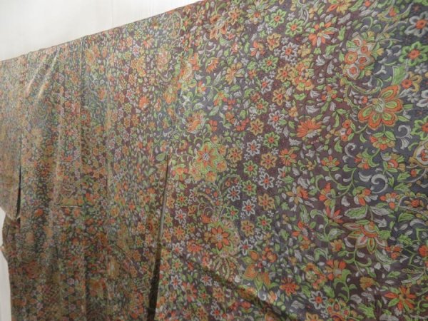Photo2: 5726T12z930 Vintage Japanese Kimono Silk KOMON Flowers Dark purple-gray (2)