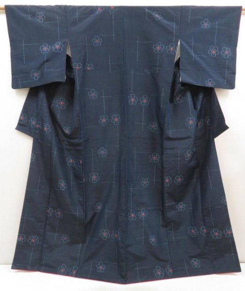 Photo1: 5726T13z810 Vintage Japanese Kimono Silk TSUMUGI Flower Navy (1)